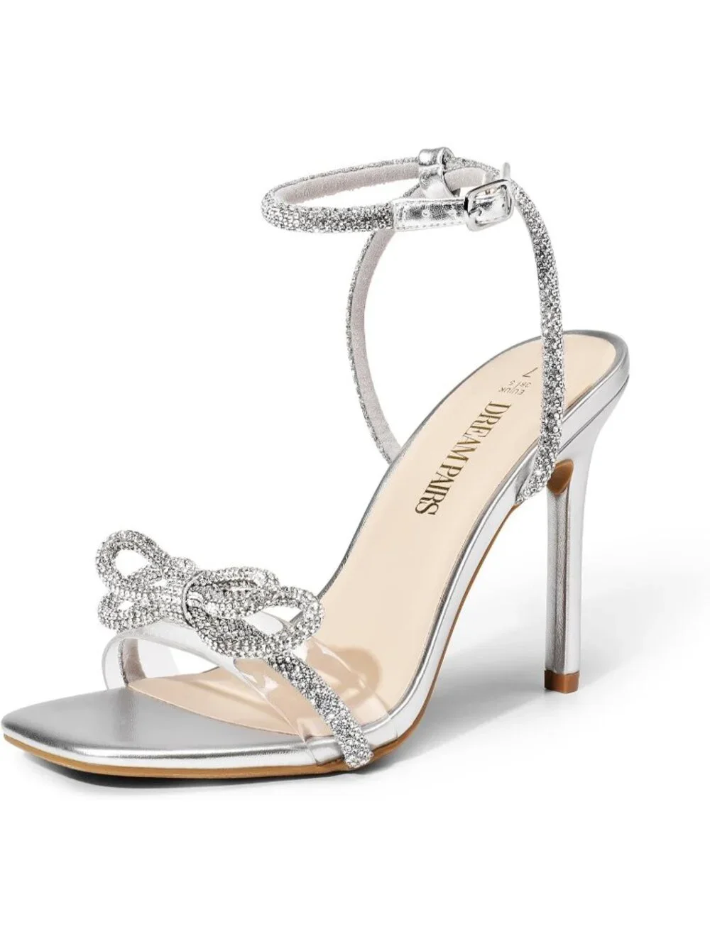 Women's Silver Double Bowknots Crystal Clear Slingback Square Toe Wedding Heels